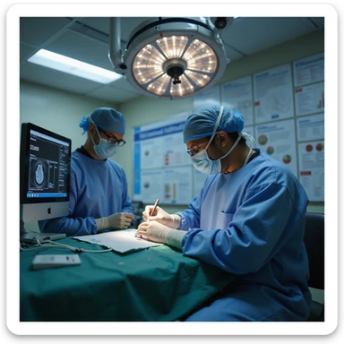 realistic or semi-realistic style, surgeon performing coronary stent procedure, hospital computer screen with $30,000 bill visible, wall covered with NIH research showing medical therapy effectiveness, critical tone sticker