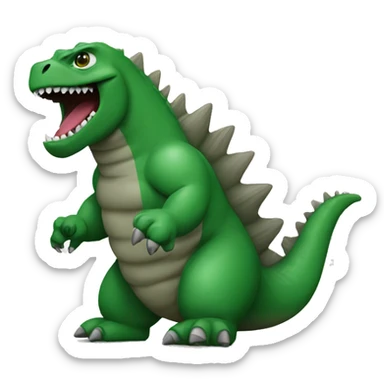 Godzilla wearing a green shirt with the word “brat” sticker