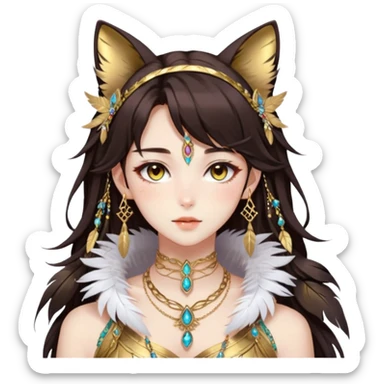 Beautiful gorgeous anime lady with beautiful dark-brown-special-hair, fashion aesthetic, ethereal, feather, accessories, gold jewelries, gold, colorful, feline ears sticker