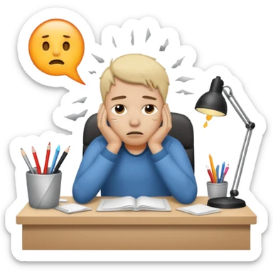 weary person sitting at desk with messy workspace, exhaustion and burnout, iOS emoji style sticker