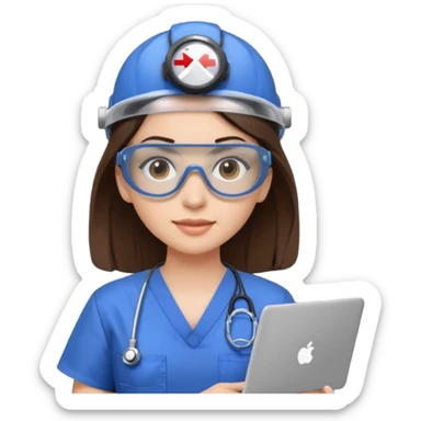 i need a brunette young woman in blue scrubs with brown eyes fair skin with safety goggles on and a laptop for research  healthcare research no safety helmet sticker
