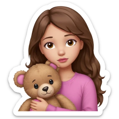 girl with long wavy brown hair, brown eyes, light to medium complexion, in a pink shirt, pink lips, long lashes, sad, hugging a teddy bear with a  heart sticker