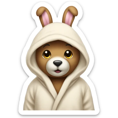 teddy bear that’s wearing a cream bunny dressing gown with the hood up and on the hood there is bunny ears sticker