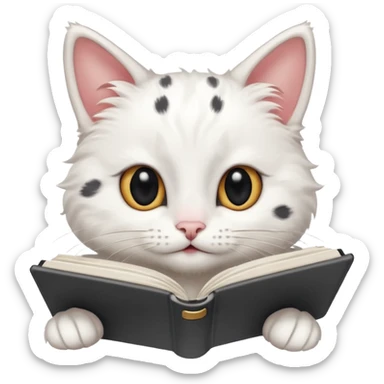  gatita blanca con manchas negras en los ojos feliz en viendo una libreta anillada  sticker