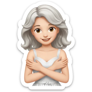 silver, wavy/curly hair shoulder-length smiling lady giving hug sticker