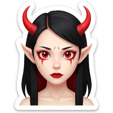 Head only demon girl: ENTIRE skin flat solid red, long straight sleek black hair, sharp cheekbones/jaw, small horns; centered, no body, no text. sticker