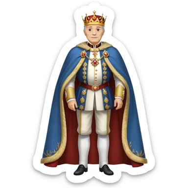 Full body of elderly, thin Carlos I of Spain with brown hair, Habsburg king standing in royal attire with crown, cape, and prominent jaw sticker