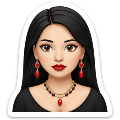 Mexican Light skin big brown eyes glamorous full figured women black medium straight hair red lips necklace and earrings long lashes sticker