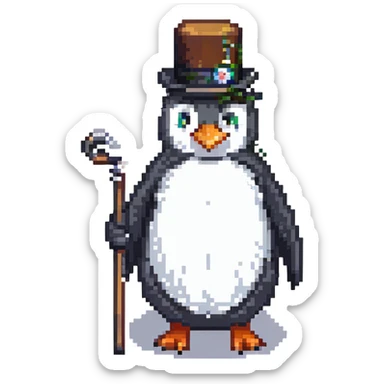 penguin with monocle and cane, pixel art style sticker