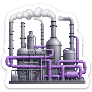 An emoji of an industrial factory in realistic gray tones, with pipes and smokestacks. Instead of smoke, soft neon violet energy or light particles flow out sticker