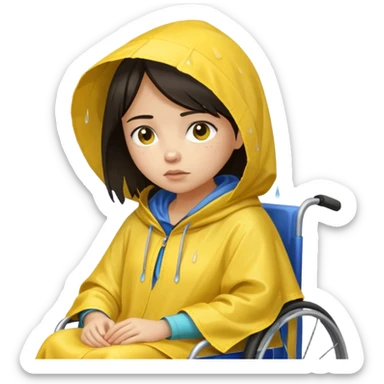 Girl with dark hair  in a wheelchair with rain poncho sad with raining  sticker