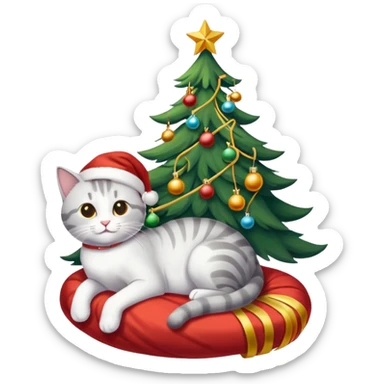grau weiße Katze im geschmückten Weihnachtsbaum mit Lametta um sich rum und unten liegen ein paar Weihnachtskugeln sticker