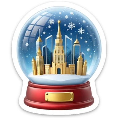 Apple style 3D emoji of a crystal snow globe. Inside the globe are the glowing skyscrapers of Moscow City (Federation Tower and Evolution Tower) covered in snow. Golden sparkles and snowflakes floating inside. High-quality
3D render, glossy glass, soft lighting, isolated on a white background. sticker