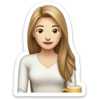 eyes closed smiling woman pale skin middle brown long straight hair with a closed laptop and a coffee mug sticker