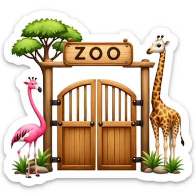 rustic wooden zoo gate with 'zoo' sign, surrounded by giraffe, panda, zebra, and flamingo, traditional emoji style, not AI art sticker