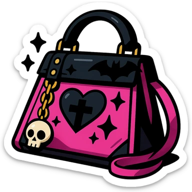 pink and black gothic purse, vibrant toon style, bold colors, dynamic shading, energetic, gothic motifs sticker