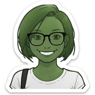 Long black hair girl in a light white T- shirt and black square glasses smiling studying with an Ipad sticker