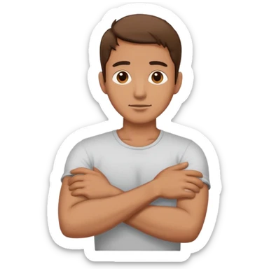 man crossing his arms holding his neck sticker