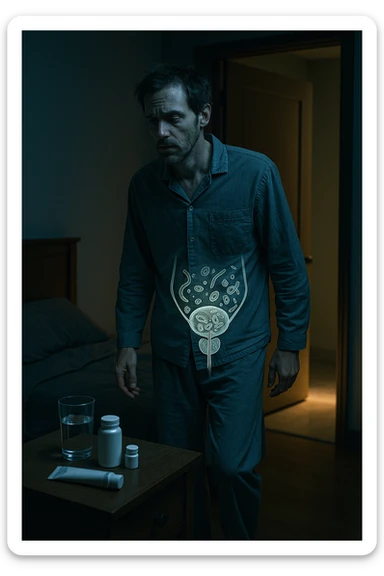 A cinematic night scene showing a man in his late 30s walking stanco verso il bagno in penombra, con la luce fioca che filtra da sotto la porta. Indossa abiti da notte sgualciti, ha un’espressione stanca e il volto scavato dalla mancanza di sonno. Sul comodino accanto al letto ci sono creme mediche, integratori e un bicchiere d’acqua. Una leggera sovrapposizione simbolica mostra, in trasparenza sul corpo, un’area anatomica maschile con presenza di microrganismi parassitari (raffigurati in stile medico-scientifico, non grottesco). Il contrasto visivo fa capire che la causa della nicturia è interna e nascosta, non visibile all’occhio umano. Illuminazione fredda, stile 35mm con profondità emotiva e sottile tensione clinica. sticker