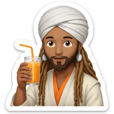 Brownskin man with long dreadlocks add a white turban on his head orange shirt drinking  sticker
