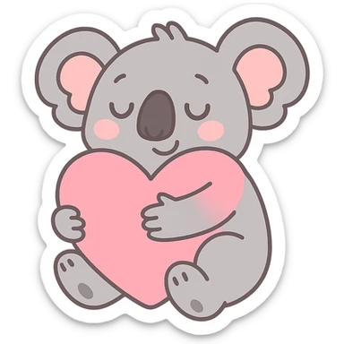 cartoon koala hugging a big pink heart, gentle pastel colors, pastel toon style sticker
