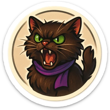 Fluffy angry livid screaming hissing cute dark-brown cat with green eyes and a purple scarf  sticker