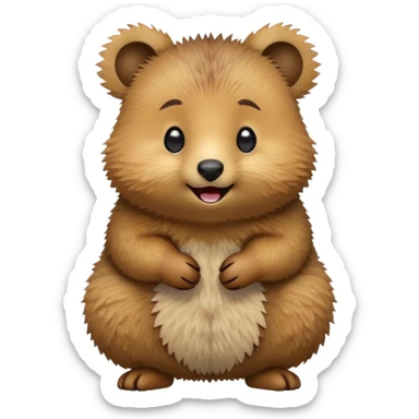 cinematic-quokka-realistic-emoji -hunched-over-emoji,-small-round-frame-balanced-on-tiny-strong-hind-legs,giant-fluffy-cheeks-large-smile-fluffy-brown-fur-radiating-a-warm-softness,-big-round-eyes-filled-with-joy, realistic emoji sticker