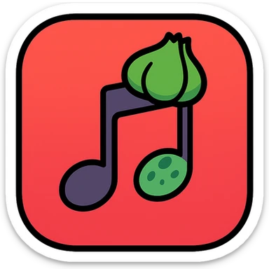 red note app emoji, red gradient, music note with Bulbasaur's bulb and spots, rounded app icon look sticker
