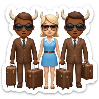 generate an emoji of a group of up to 8 male and female bulls travelling together on holidays. Include sunglasses and suitcases sticker