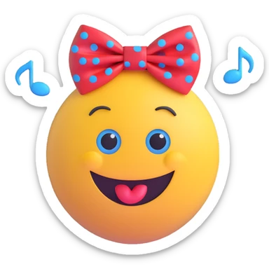 3D smiley emoji, large eyelashes, red polka dot bow, surprised, O-shaped mouth, blue eyes, musical notes sticker
