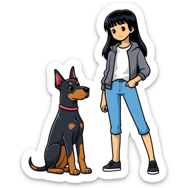girl with long black hair and doberman dog sticker