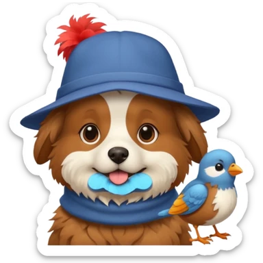 A fluffy dog with a bird on its shoulder and a funny hat sticker