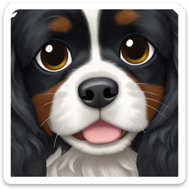 A small completely black Cavalier King Charles Spaniel mix with black, wavy fur, white markings on the chest and muzzle, expressive eyes, and a fluffy tail. sticker