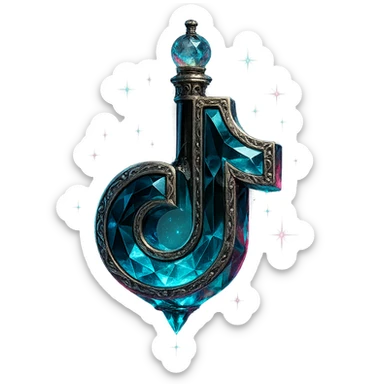 luxurious crystal elixir bottle in the shape of the TikTok logo, black and cyan with pink accents, ornate silver and iridescent details, magical glowing and sparkling effects, very small neck, seamless bottom, transparent background, bottle clearly floating in air, no base or shadow, modern, collection style sticker