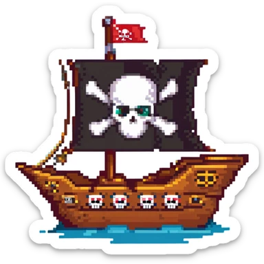 A pirate ship sailing on the open sea, with a skull and crossbones flag flying high, and pirates wearing bandanas and eye patches sticker