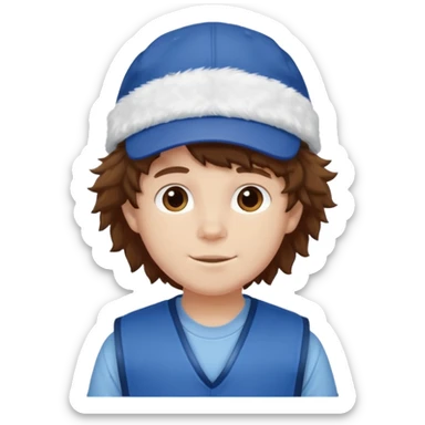 brown fluffy hair kid with blue and white cap dark blue jilet red t shirt sticker