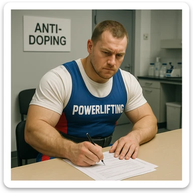 European powerlifter in anti-doping room signing control documents, competition clothing, serious atmosphere, realistic details, laboratory or office background. sticker