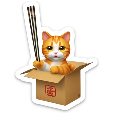 Orange cat eating cat with chopsticks in Chinese take out box with a paw hanging out the side sticker