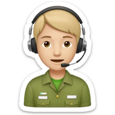 Modern flat emoji of a call center employee in a green uniform with a headset, friendly expression, minimalist design, bright colors, white or transparent background. sticker