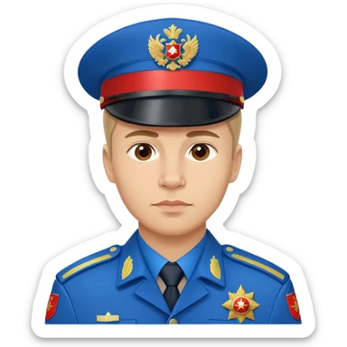 Russian police officer with blue uniform and traditional peaked cap with red band sticker