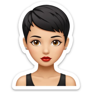 woman shaved shaved half head  pixie cut textured black hair shiny glossy lips sticker