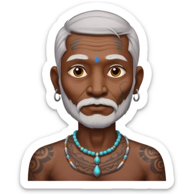 ancient indian old man with tatooed on neck and face sticker