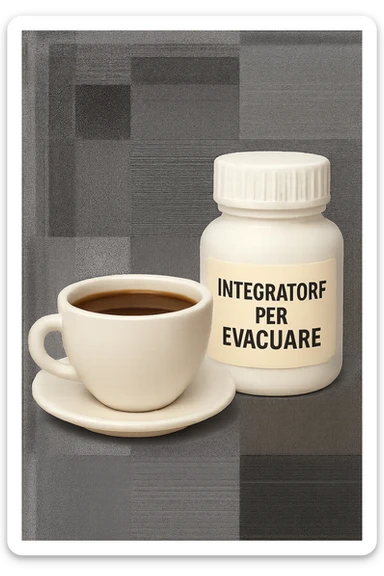 EMOJI STILE IPHONE 3D DI un caffè e di una boccetta di integratore con la scritta "INTEGRATORE PER EVACUARE" SULL'ETICHETTA, iperrealistico 4k sticker