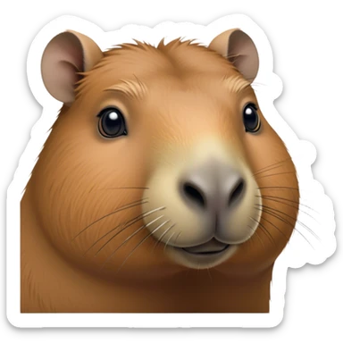 Cinematic Noble Capybara Portrait Emoji, Poised and serene, with a robust, rounded build and a characteristically broad, slightly flattened capybara face featuring a short snout and small, rounded ears, covered in soft, earthy fur with subtle natural texture and gentle, wise eyes; rendered in lifelike detail with natural light, high shine, intelligent and calm, styled with an air of understated authority, focused and attentive, soft glowing outline, capturing the essence of a watchful and confident capybara that appears ready to step out of the screen with effortless dignity! sticker