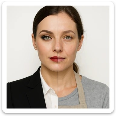 hyper realistic split-image of a woman, half face with professional makeup and business attire, half face natural, kitchen apron, white background, symmetry, clear contrast sticker