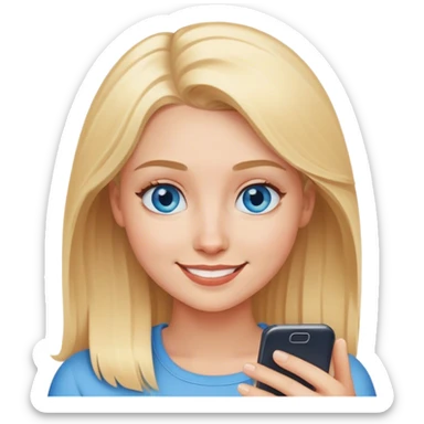 A blonde with blue eyes and a friendly smile looks at her phone sticker