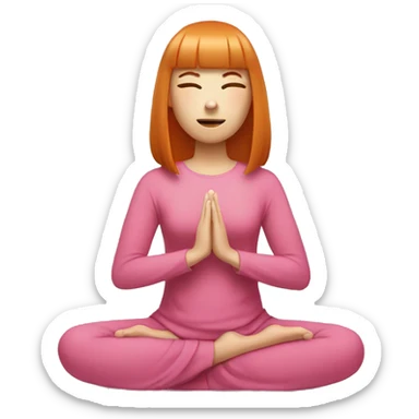 ginger girl, white face, with shoulder lenght straight hair with bangs wearing pink sitting in meditation sticker