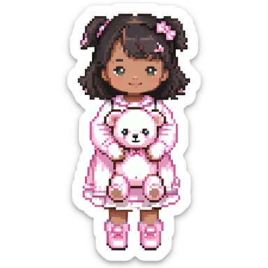 cute toddler girl with pastel pink clothes holding a pink teddy bear sticker