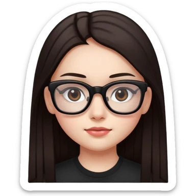 une ado, brune aux cheuveux tres fonces longs lisses blanche, ,lunettes carres noires, yeux bruns fonces joues rose sticker