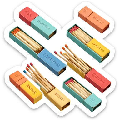 Icon for Matchbox Collecting: a collection of colorful vintage matchboxes arranged in a row, with the match tips visible on the sides. The icon should highlight the unique design and charm of the matchboxes from various places. Transparent background. sticker